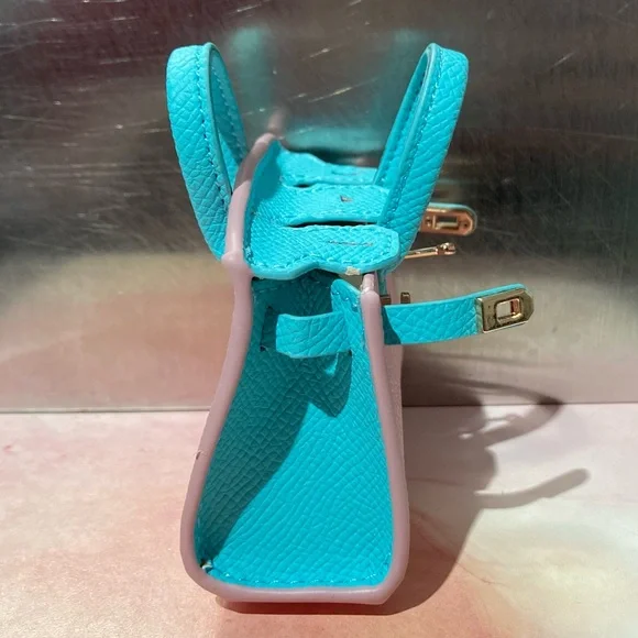 👜 Handmade Mini Blue Pink Faux Leather Birkin AirPods Tote Bag Charm Miniature - Picture 9 of 10